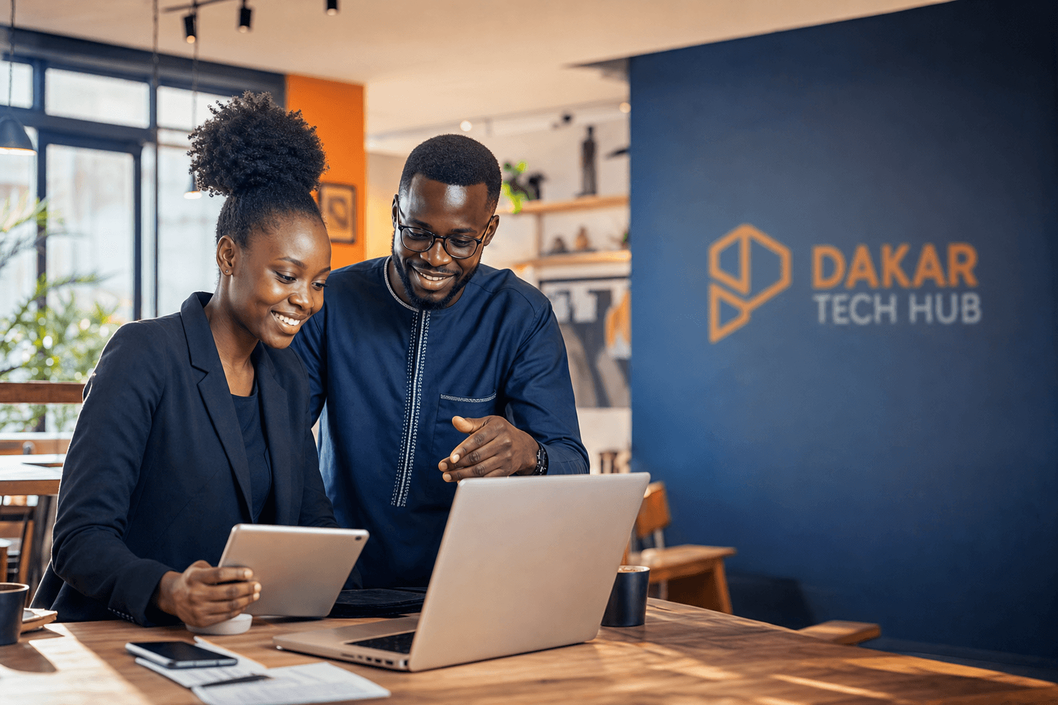 Entrepreneurs africains collaborant dans un studio tech à Dakar